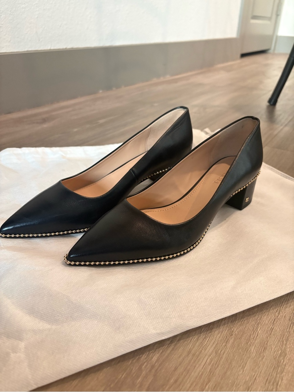 Coach Black Pointed Toe Low Block Heel Pumps with Gold Bead Trim